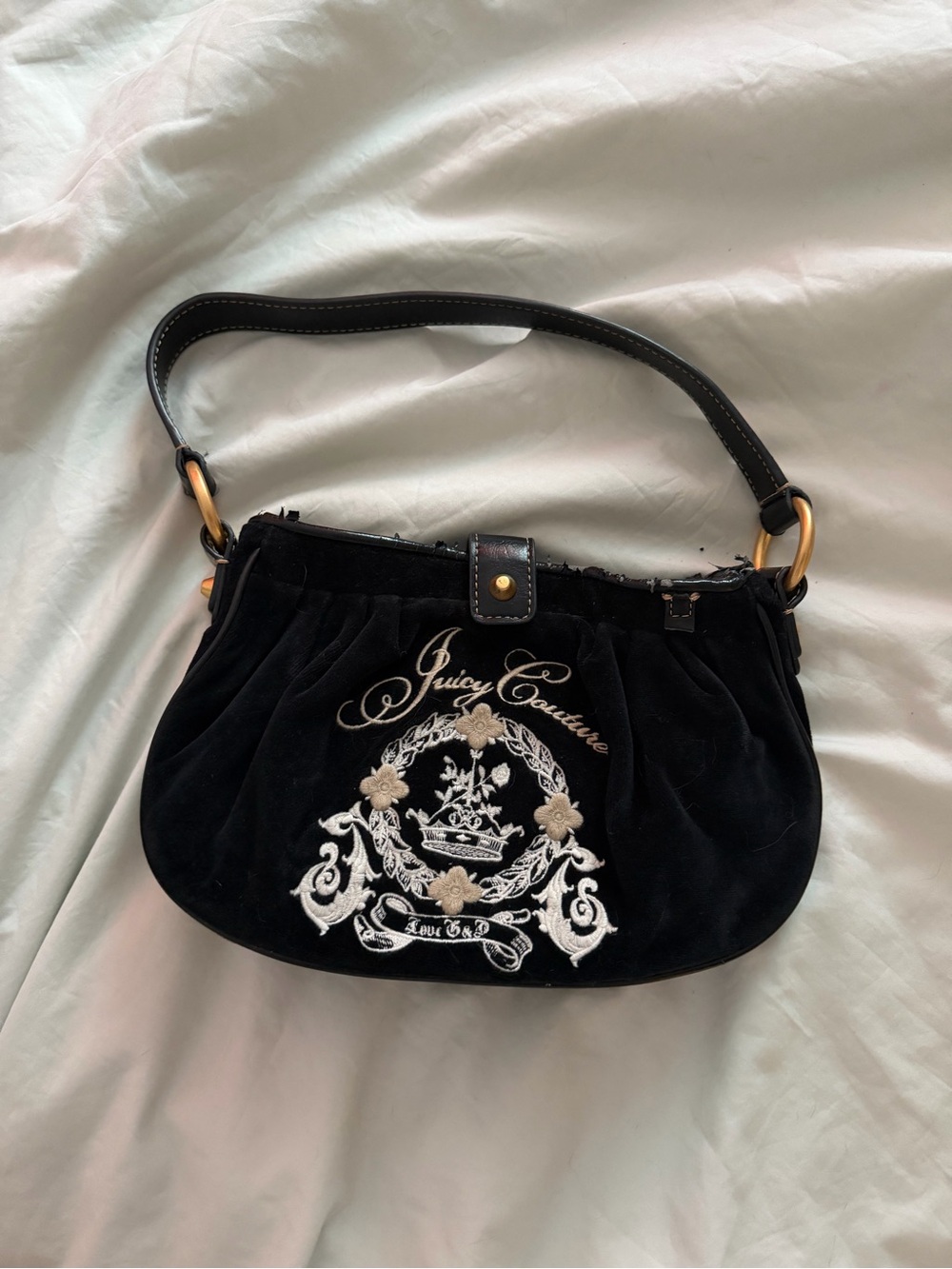 Juicy Couture Black Velvet Shoulder Bag with Embroidered Crest